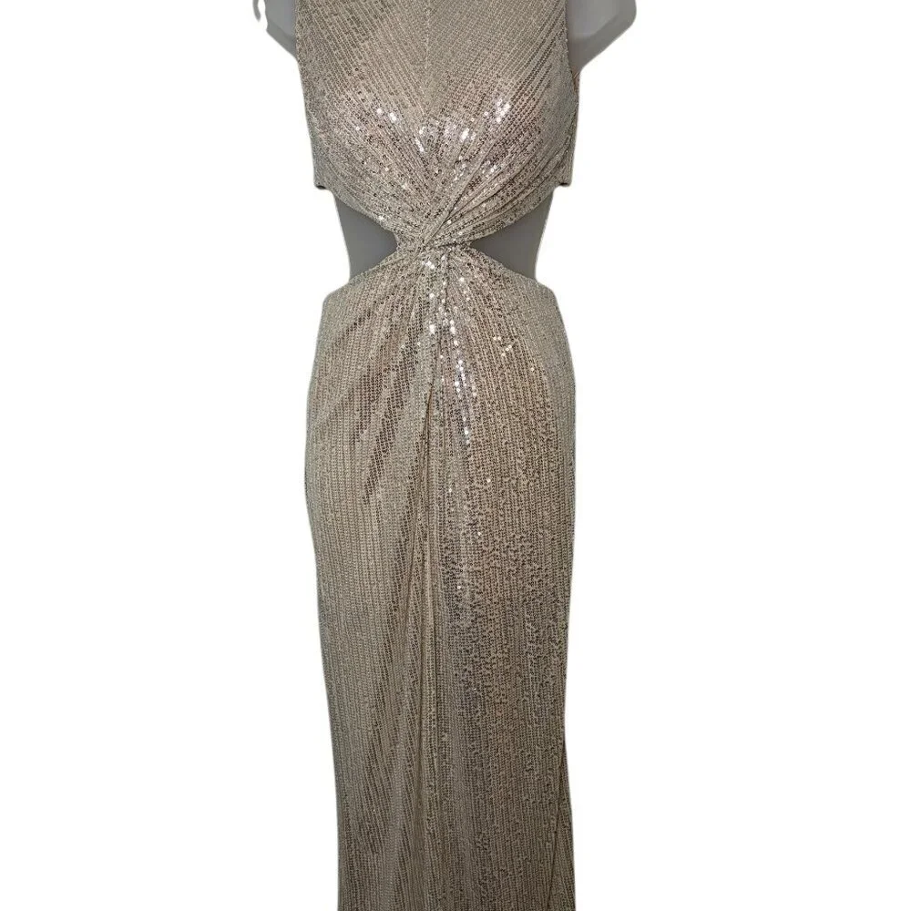 Ieena for Mac Duggal Sequin Cutout Midi Dress Nude Silver Size 0 - Picture 2 of 5